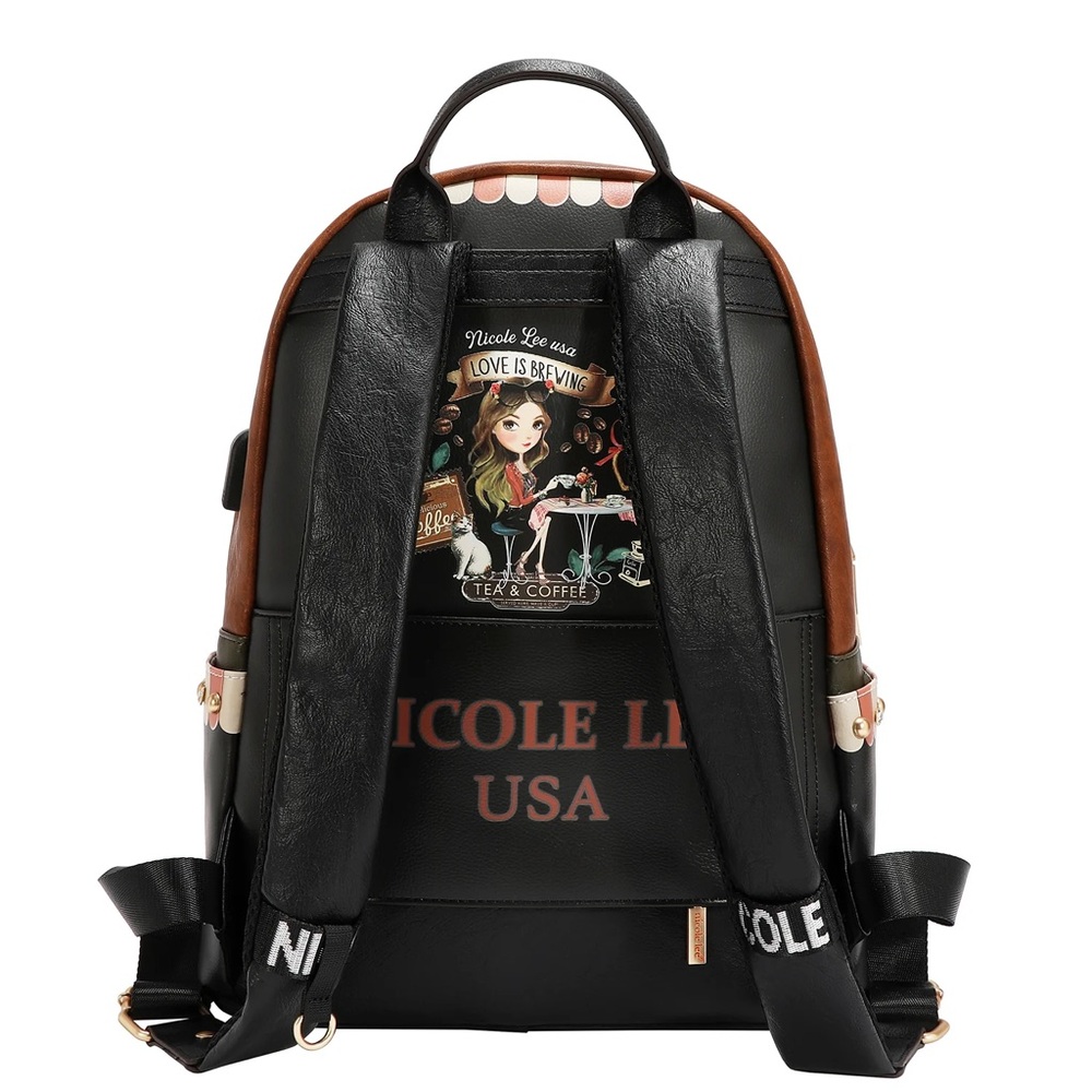 Nicole Lee Black & Brown Cafe Print Backpack - Picture 3 of 12